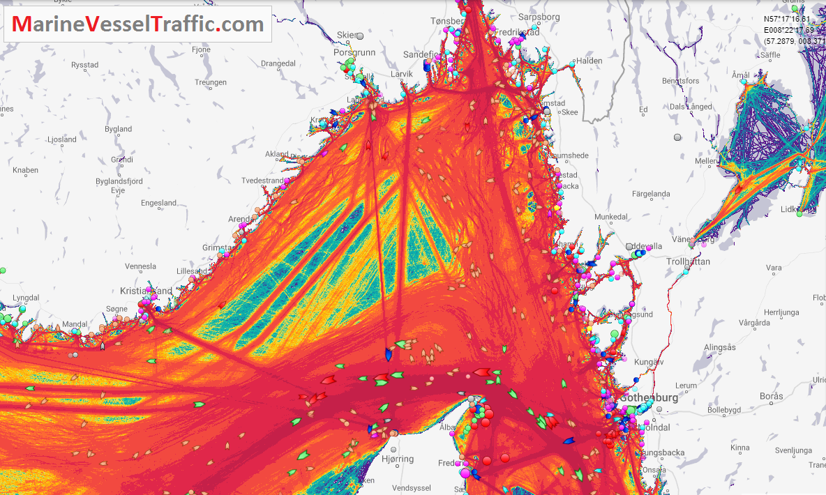 Live Marine Traffic, Density Map and Current Position of ships in SKAGERRAK FJORD